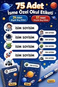 Erkek Çocuk Okul İsim Etiketi 75 Adet Uzay Astronot Temalı Defter Kitap Kalem Etiket Seti
